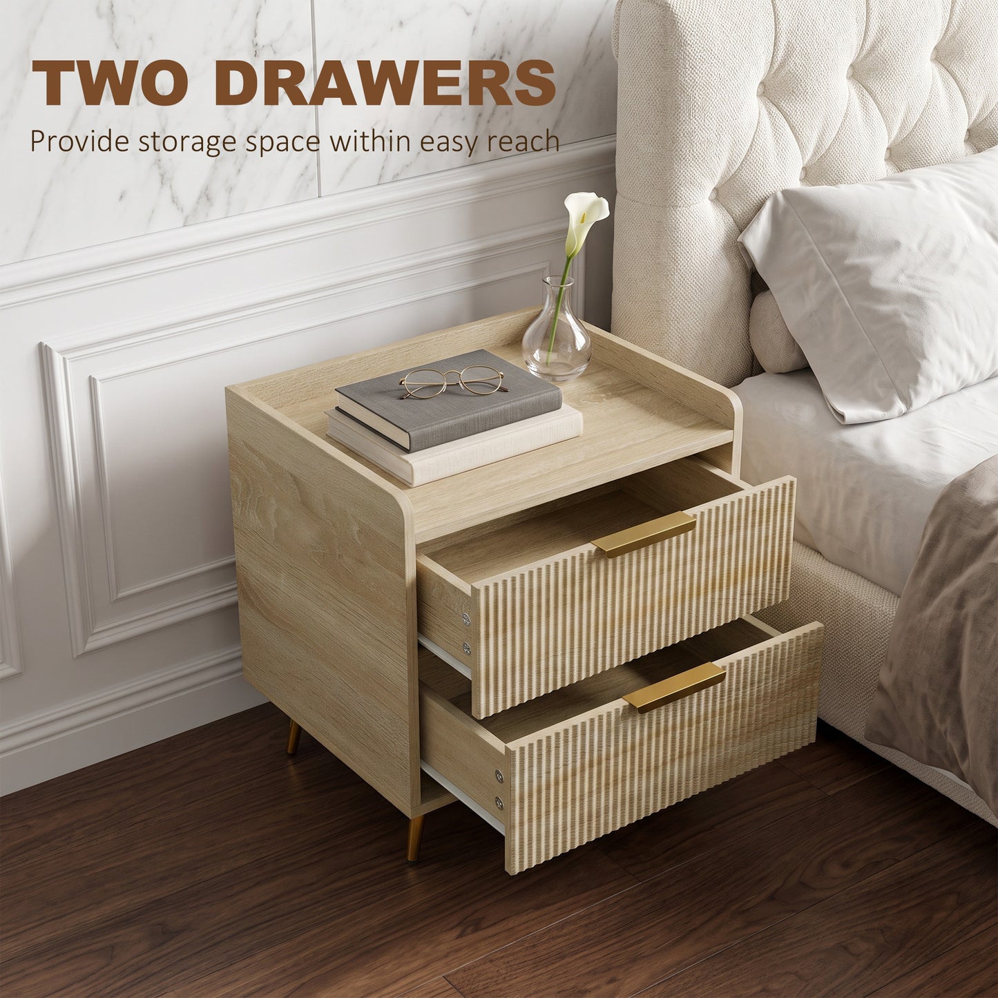 HOMCOM Bedside Table with 2 Drawers, Side End Table with Metal Legs for Bedroom, Living Room, Natural Wood Finish