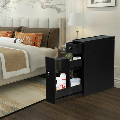 Slim Storage Cabinet with Slide-out Drawers and Flip-open Top Cover-Black