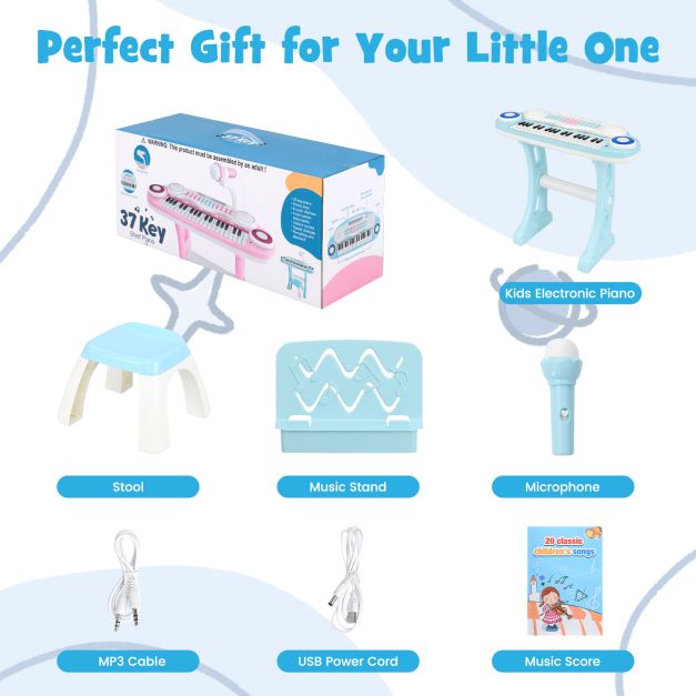 37 Keys Electronic Kids Piano Toy with Detachable Legs and Stool-Blue