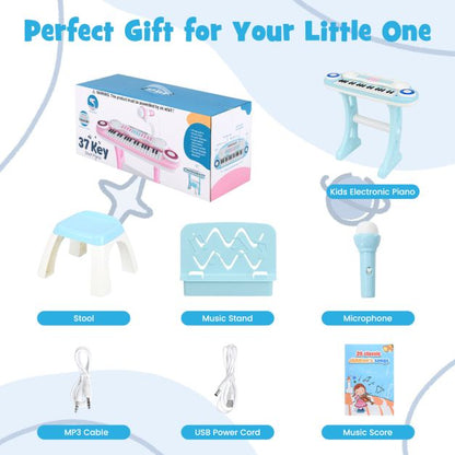 37 Keys Electronic Kids Piano Toy with Detachable Legs and Stool-Blue