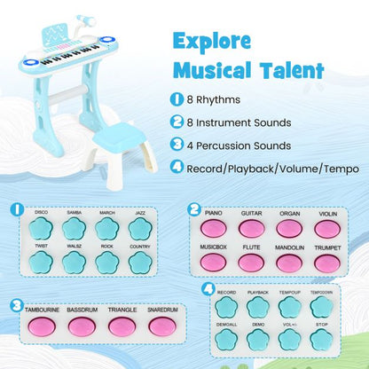 37 Keys Electronic Kids Piano Toy with Detachable Legs and Stool-Blue