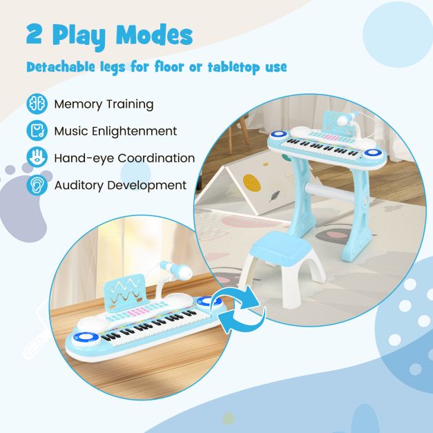37 Keys Electronic Kids Piano Toy with Detachable Legs and Stool-Blue