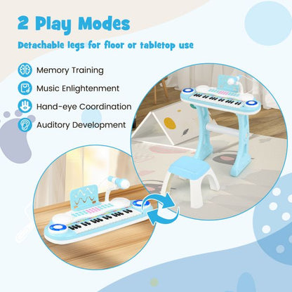 37 Keys Electronic Kids Piano Toy with Detachable Legs and Stool-Blue