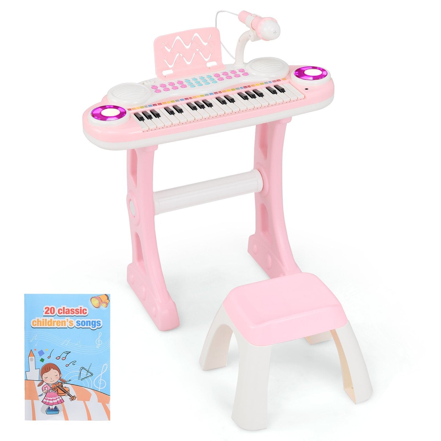 37 Keys Electronic Kids Piano Toy with Detachable Legs and Stool-Pink