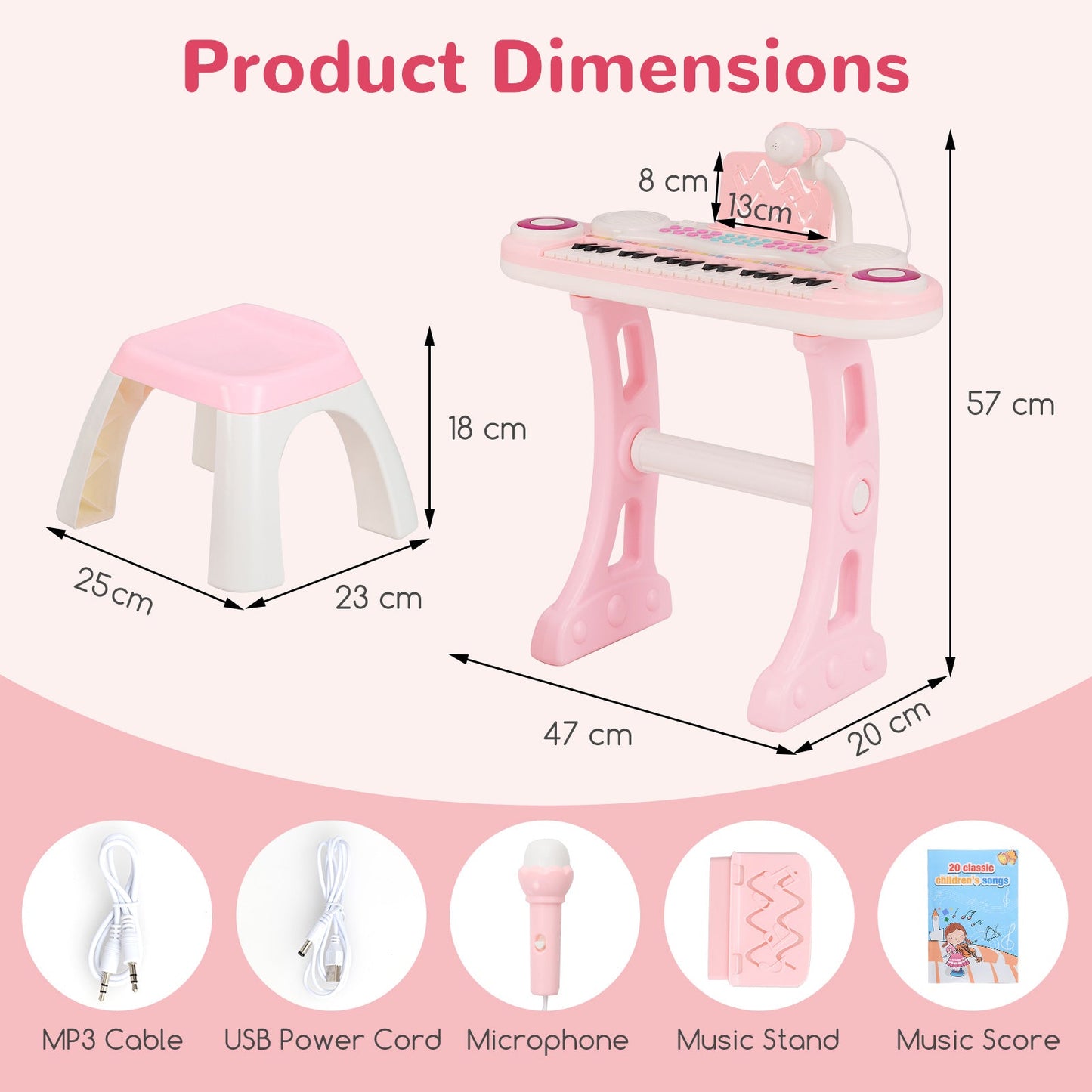 37 Keys Electronic Kids Piano Toy with Detachable Legs and Stool-Pink