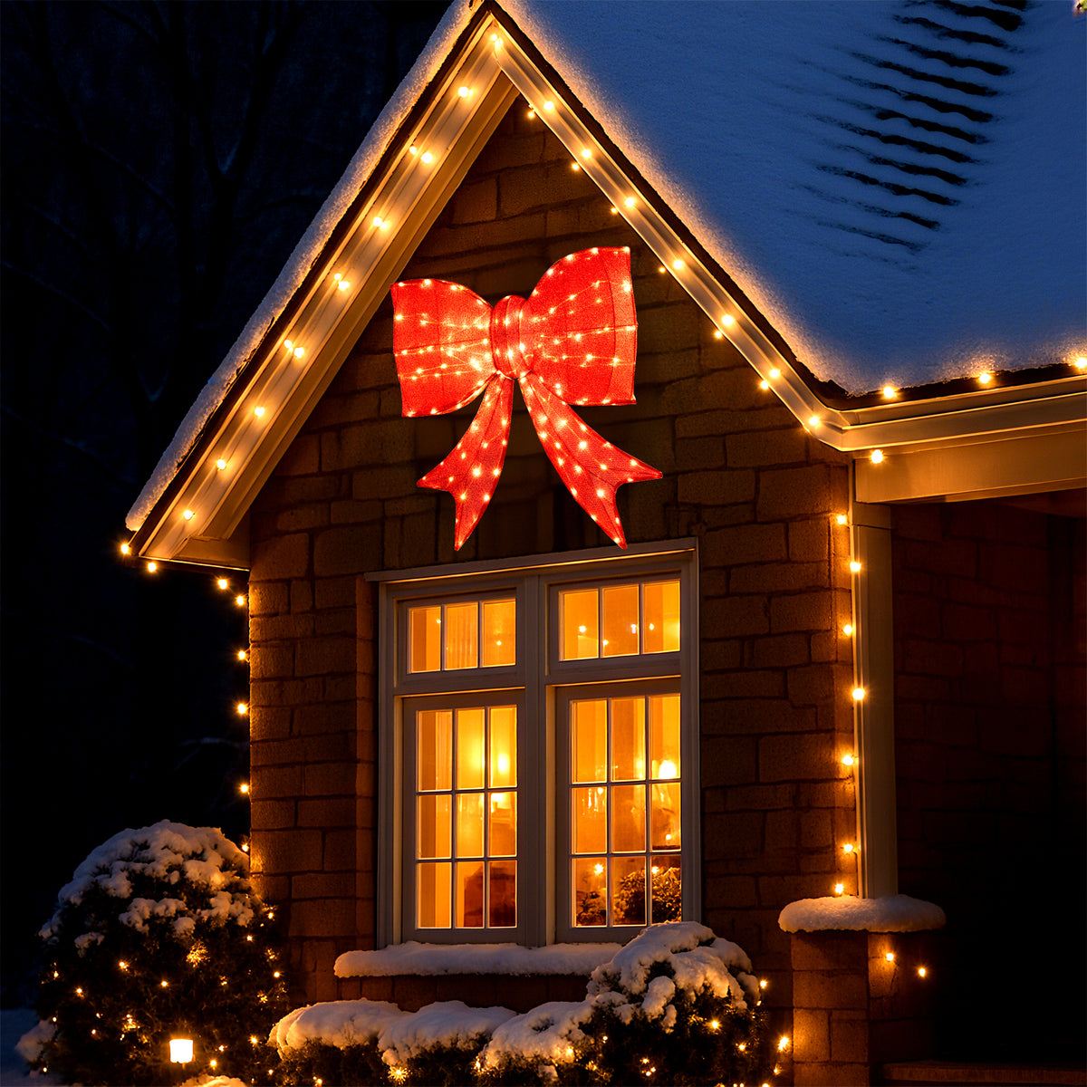 37 inch Lighted Christmas Bow Decoration with 150 Warm White LED Lights and 2 Hanging Rings