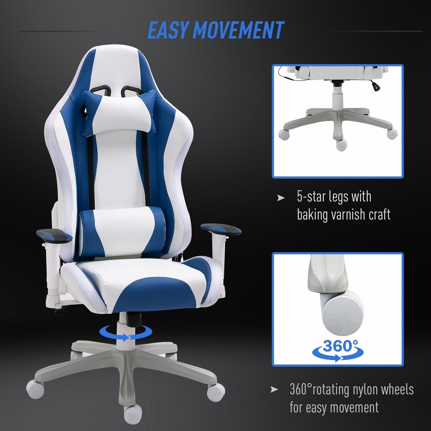 Vinsetto Video Game Chair with RGB LED Light, Bluetooth Speakers Music Racing Gaming Chair PU Leather 360° Swivel with Headrest Pillow, White