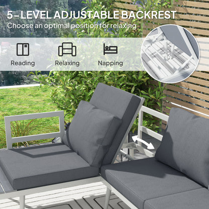 Zestaw mebli ogrodowych Outsunny 3-częściowy z 5-poziomową regulowaną leżanką, narożna sofa ogrodowa w kształcie litery L z poduszkami, siedzisko z siatki, stół z listew z drewna słojowego, zestaw mebli ogrodowych do ogrodu zimowego, szary