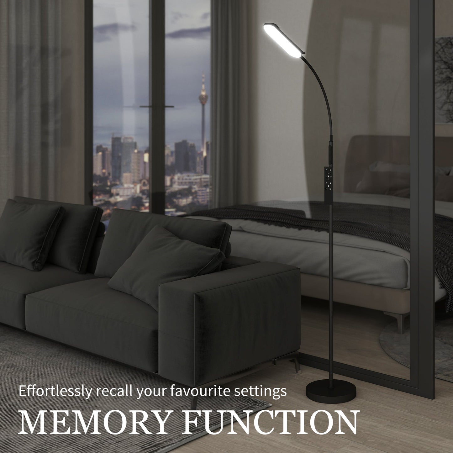 HOMCOM LED Floor Lamp, Standing Lamp with Remote & Touch Control, Stepless Dimmable Colours Temperature & Brightness, 360 Adjustable Gooseneck, 1 Hour Timer, Memory Function for Living Room, Black