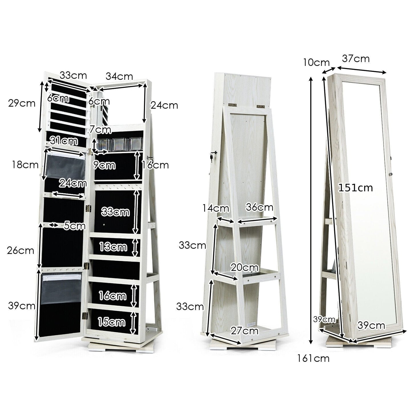 Full Length Mirrored Jewellery Cabinet Rotates 360° with Open Display Shelves-White