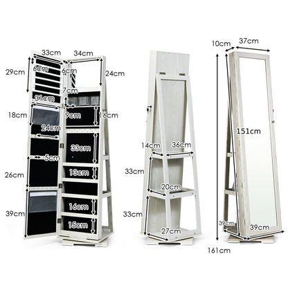 Full Length Mirrored Jewellery Cabinet Rotates 360° with Open Display Shelves-White