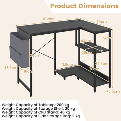 39.5" L-Shaped Computer Desk with Integrated Charging Hub-Black
