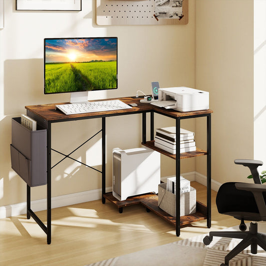 39.5" L-Shaped Computer Desk with Integrated Charging Hub-Rustic Brown