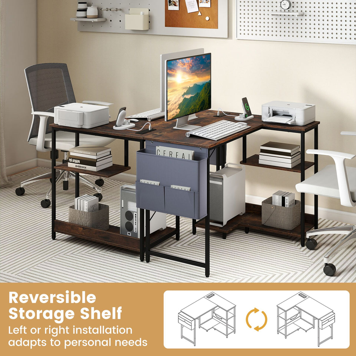 39.5" L-Shaped Computer Desk with Integrated Charging Hub-Rustic Brown