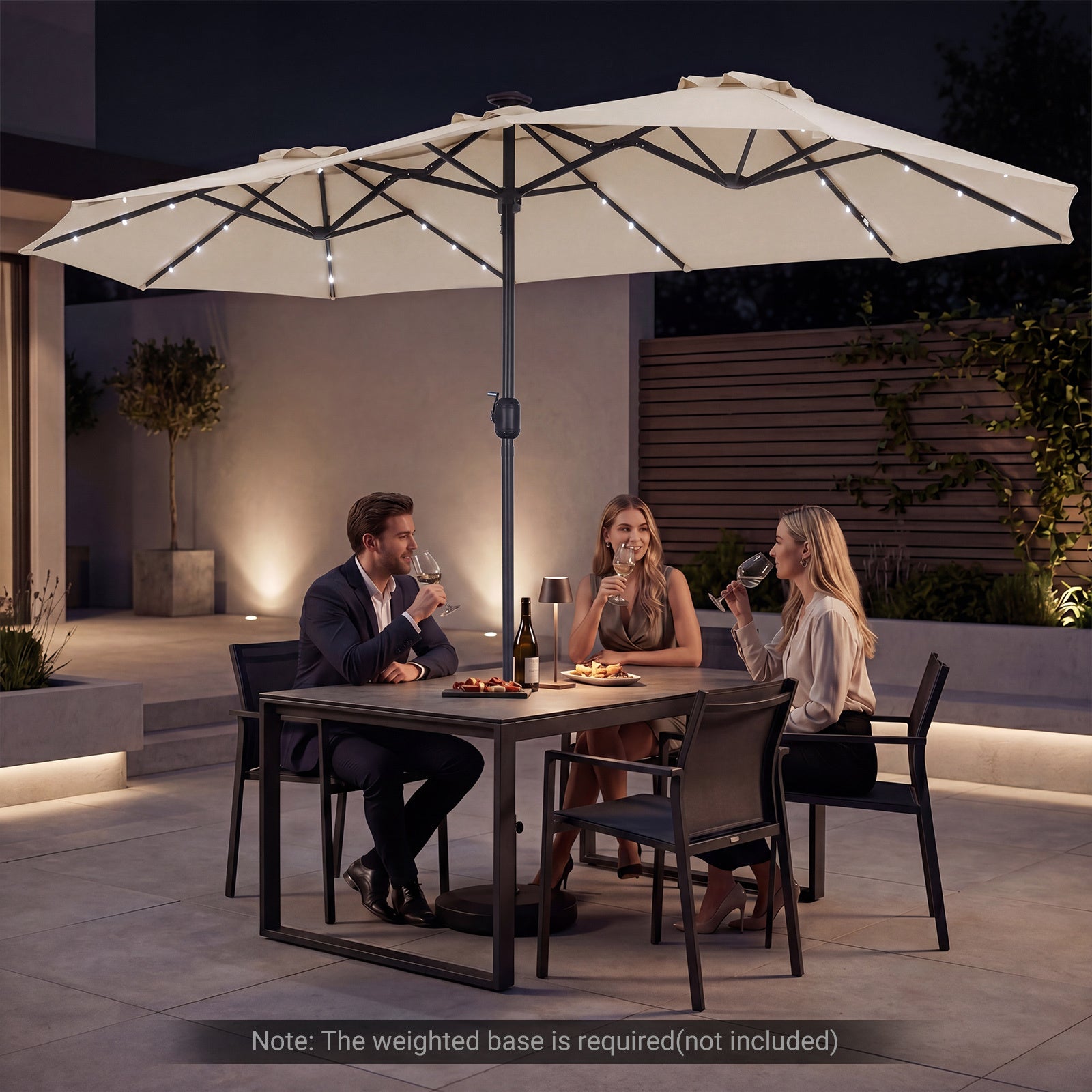 390cm Double-Sided Patio Umbrella Large Rectangle Market Umbrella with 36 LED Lights-Beige