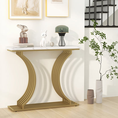 Gold Entryway Table with White Faux Marble Tabletop-White