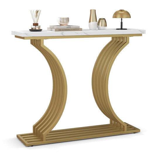 Gold Entryway Table with White Faux Marble Tabletop-White