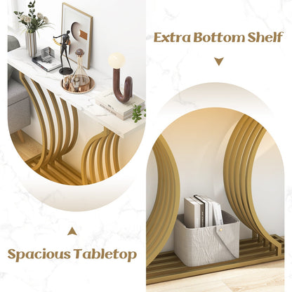 Gold Entryway Table with White Faux Marble Tabletop-White