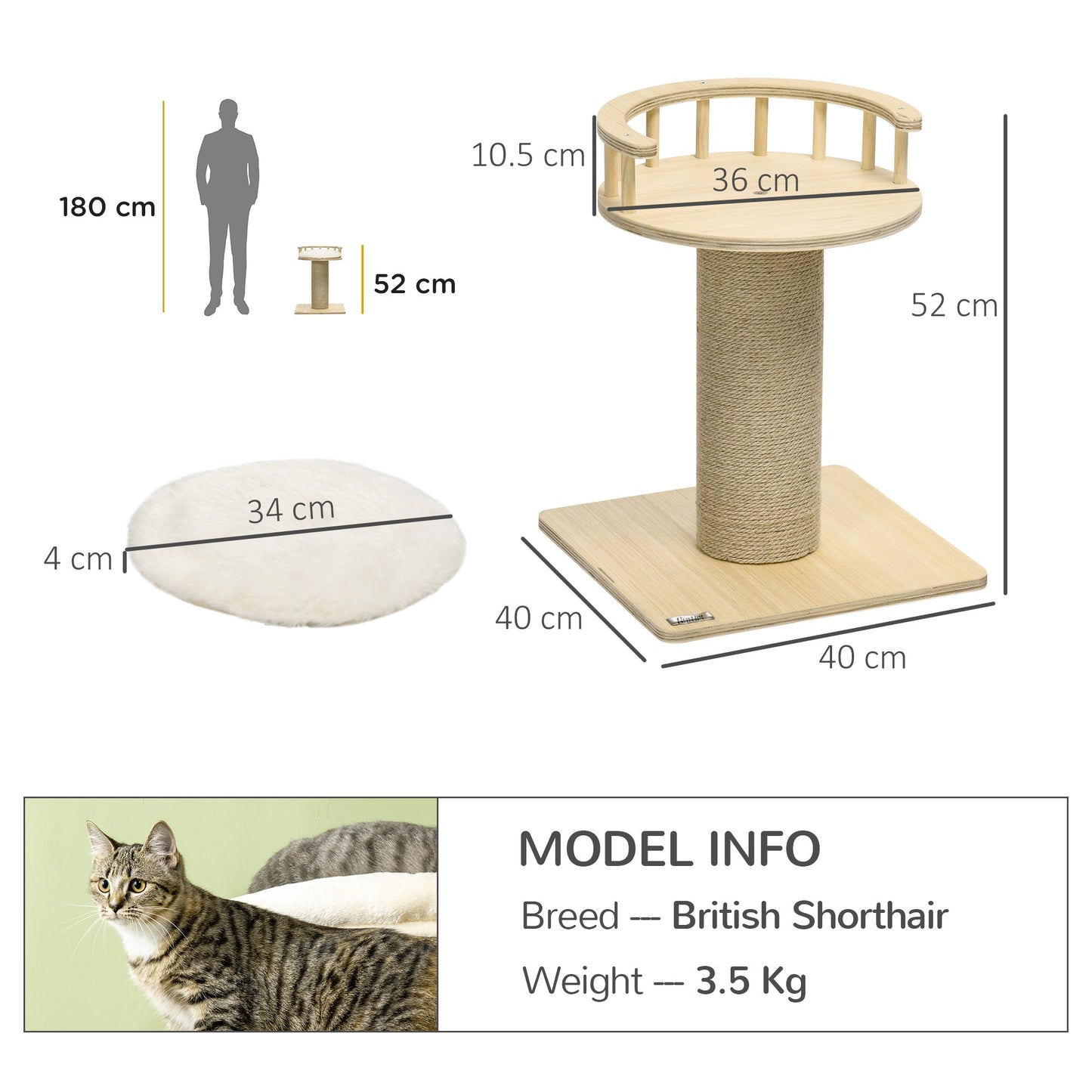 PawHut 52cm Cat Tree, Kitty Activity Centre w/ Bed, Jute Scratching Post