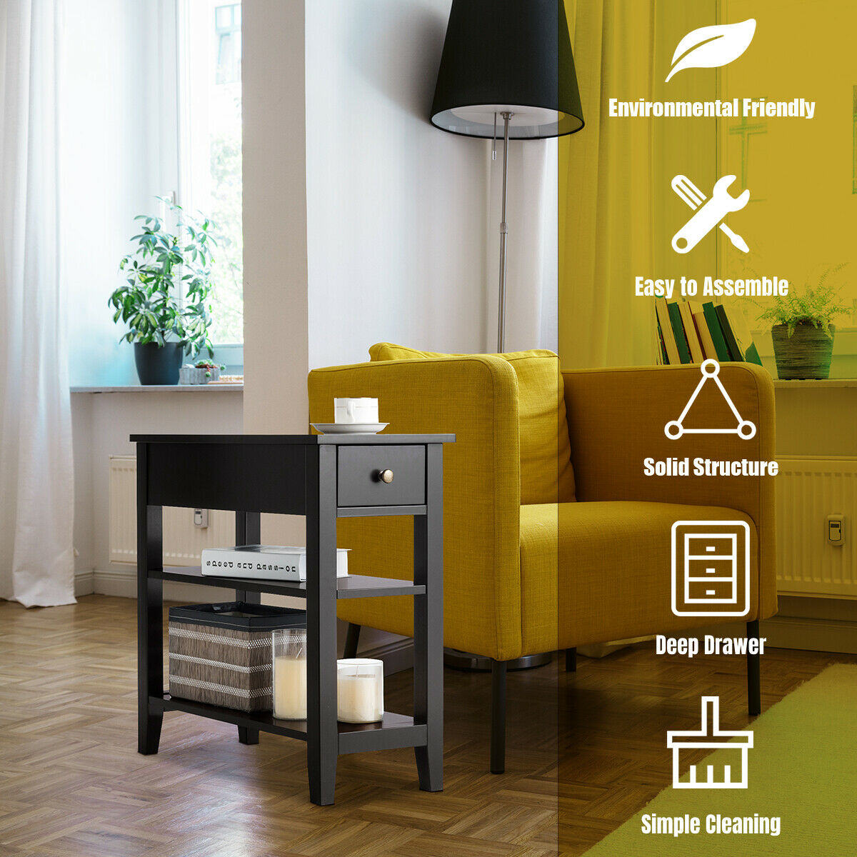 3-Tier End Table with Drawer-Black