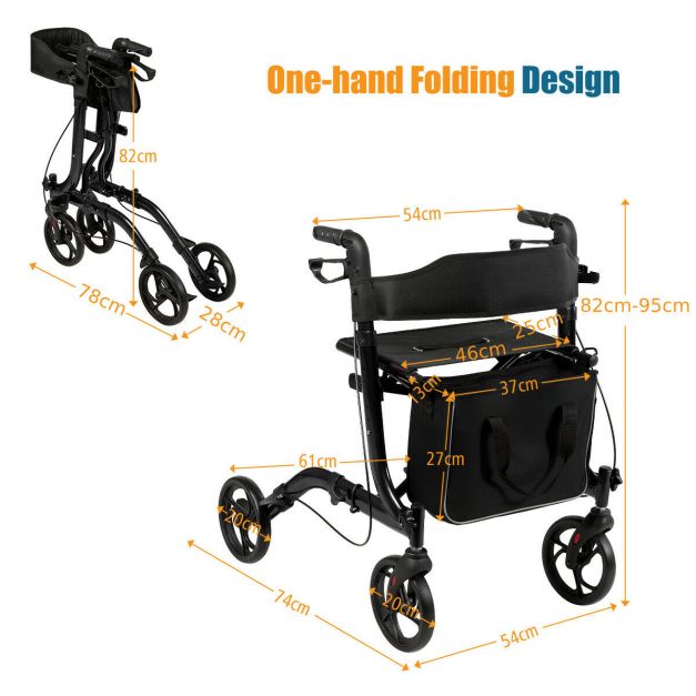 Folding Aluminium Rollator Walker Mobility Aid With 4 Wheels-Black