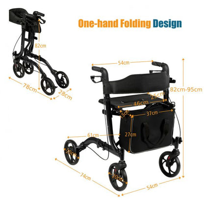 Folding Aluminium Rollator Walker Mobility Aid With 4 Wheels-Black