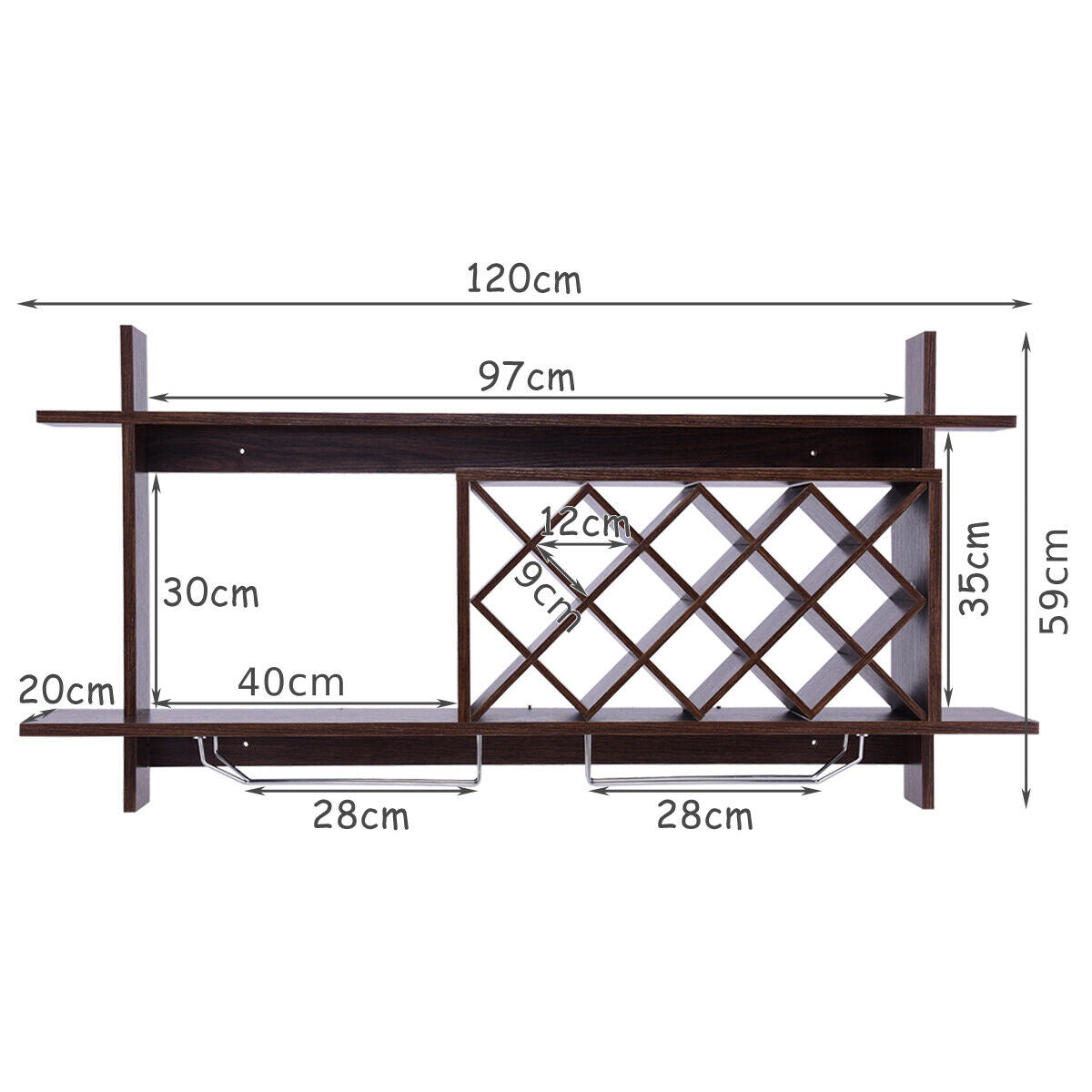 Wall-mounted Wine Rack with Wine Glass Holder-Walnut