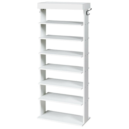 Vertical Designed 7-Tier Shoe Rack with Hooks-White