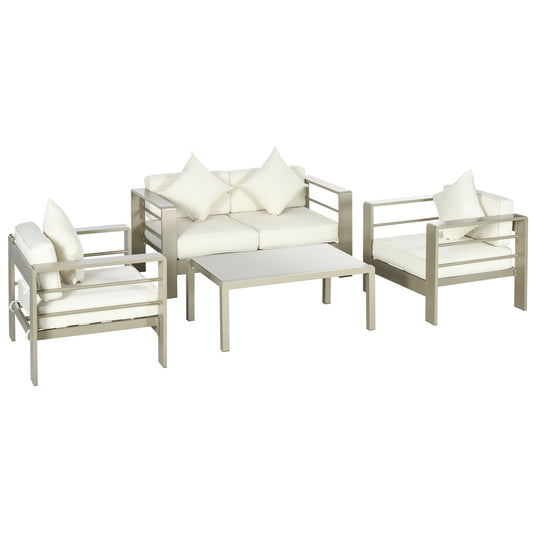 Outsunny 4 Piece Outdoor Garden Furniture Set, Aluminium Frame Backyard Furniture w/ Thick Padded Cushioned Loveseat Glass Top Table Champagne Gold