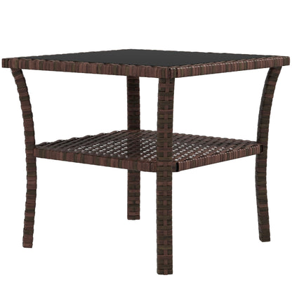 Outsunny 50cm Outdoor PE Rattan Coffee Table, Patio Wicker Two-tier Side Table with Glass Top, for Patio, Garden, Balcony, Brown