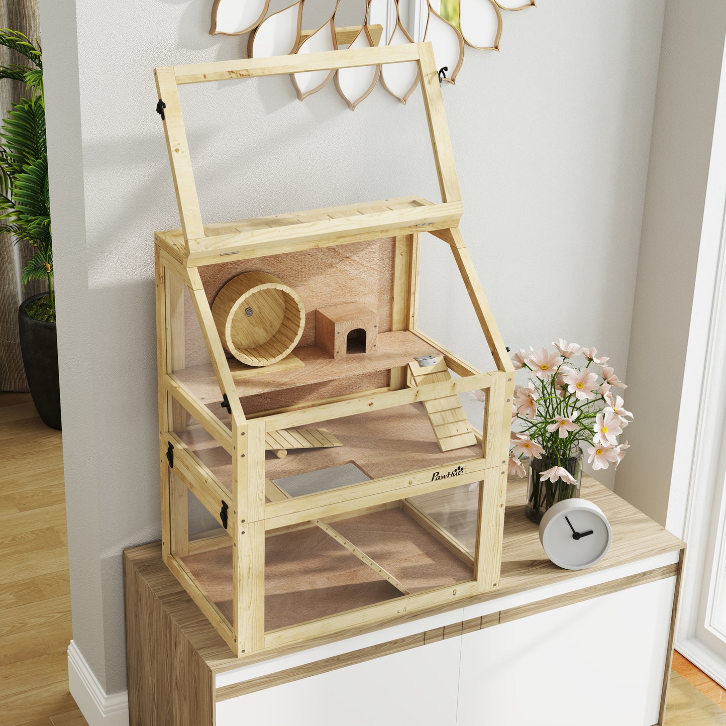 PawHut Wooden Hamster Cage with Detachable 32cm Deep Bottom, Hut, Seesaw, Exercise Wheel, Ramp, 60 x 40 x 75cm
