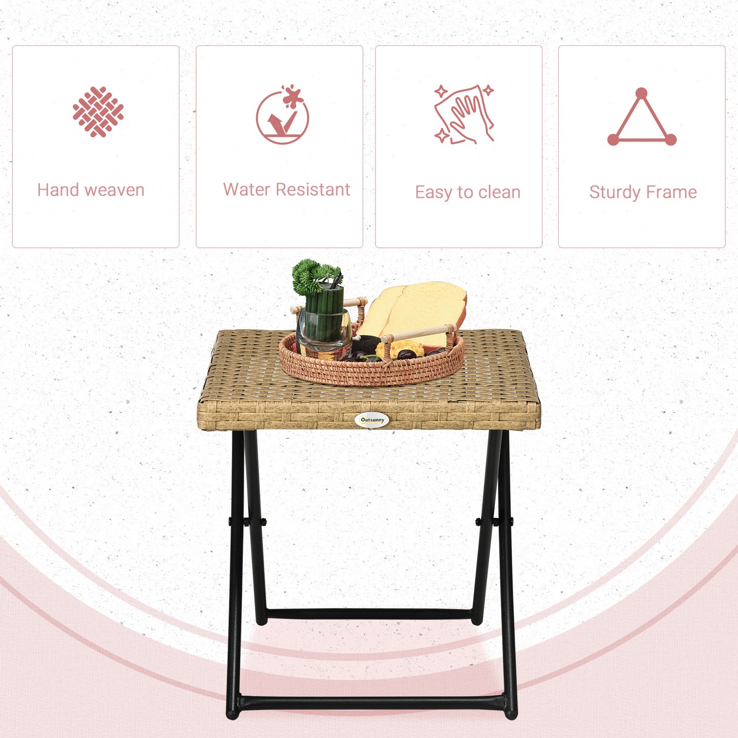 طاولة قهوة صغيرة مربعة قابلة للطي من Outsunny Garden، طاولة جانبية منسوجة من الخيزران في الهواء الطلق، مقاس 40 ارتفاعًا × 40 طولًا × 40 سم عرضًا سم، طبيعية