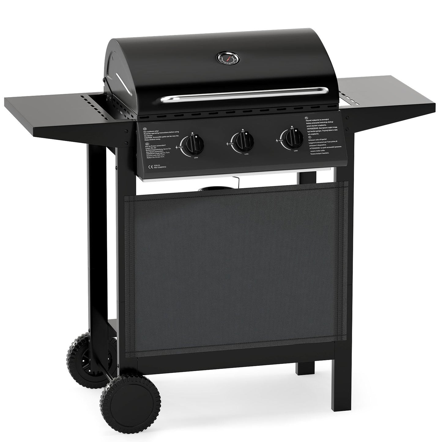 3-Burner Propane Gas Grill 24,000 BTU Portable with Lid and Side Tables