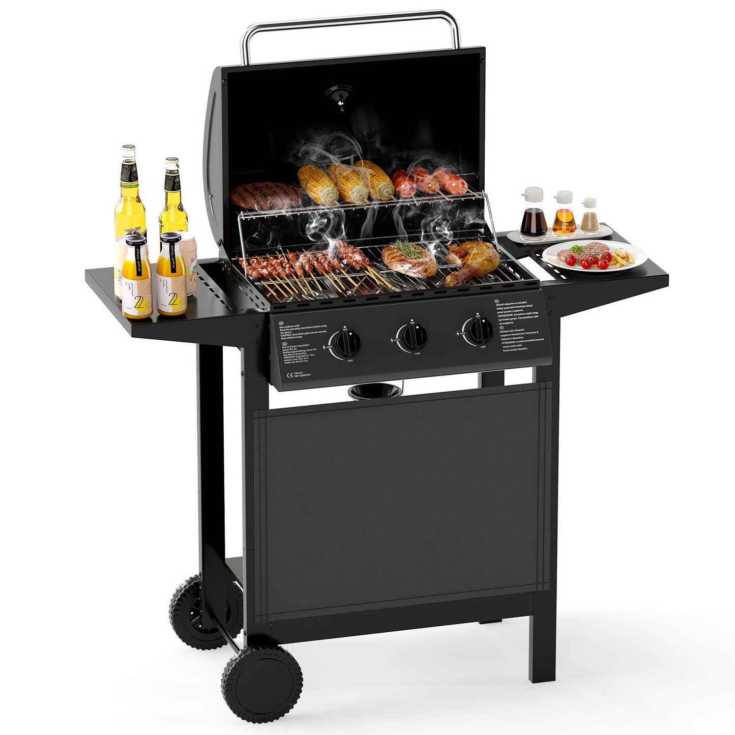 3-Burner Propane Gas Grill 24,000 BTU Portable with Lid and Side Tables