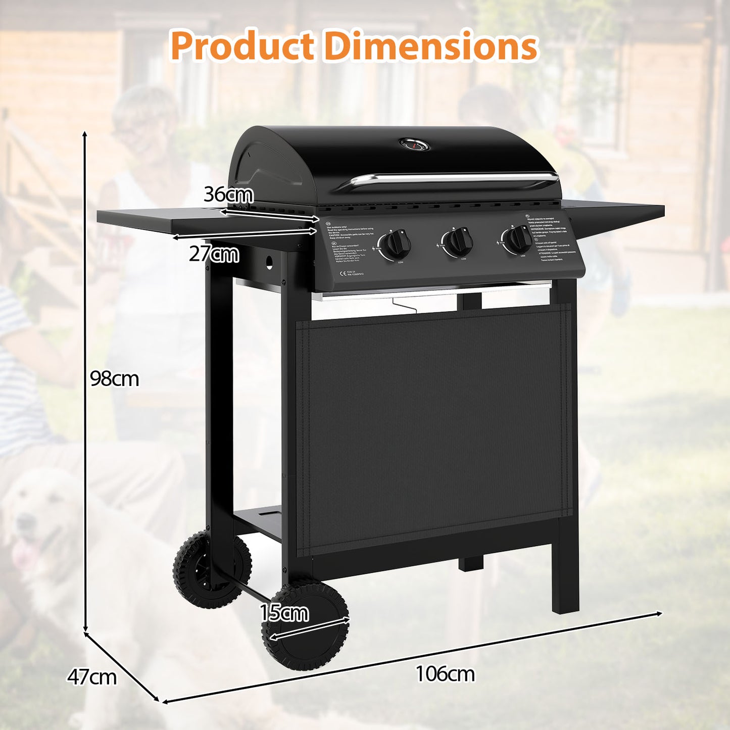 3-Burner Propane Gas Grill 24,000 BTU Portable with Lid and Side Tables