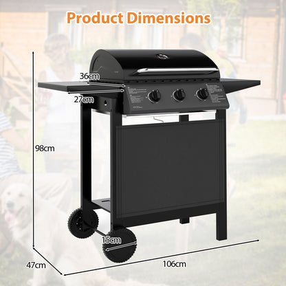 3-Burner Propane Gas Grill 24,000 BTU Portable with Lid and Side Tables