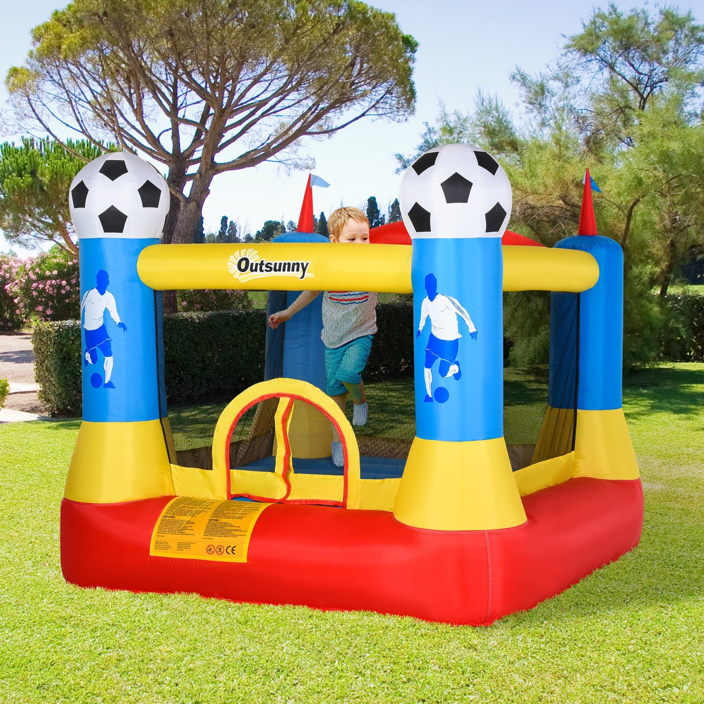 Outsunny Kids Football Bouncy Castle House Inflatable Trampoline w/ Blower Outdoor Play Garden Activity Fun 3-8 Years 2.25 x 2.2 x 1.95m