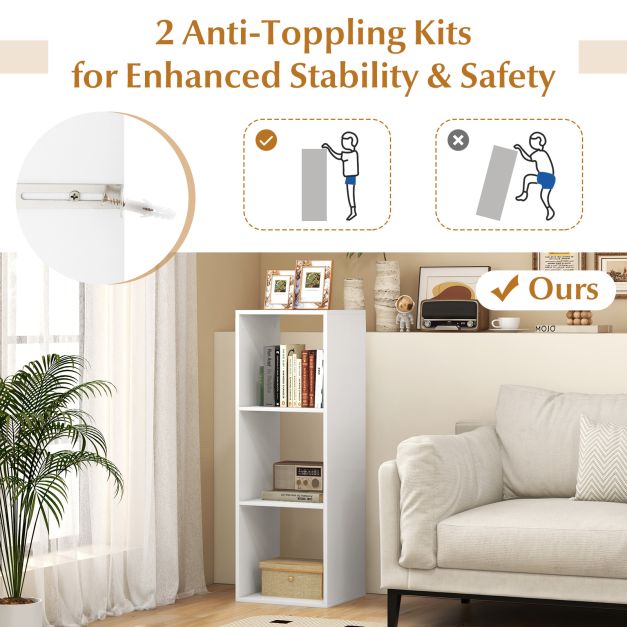 3-Cube Bookshelf Vertical Bookcase Open Storage Organizer-White