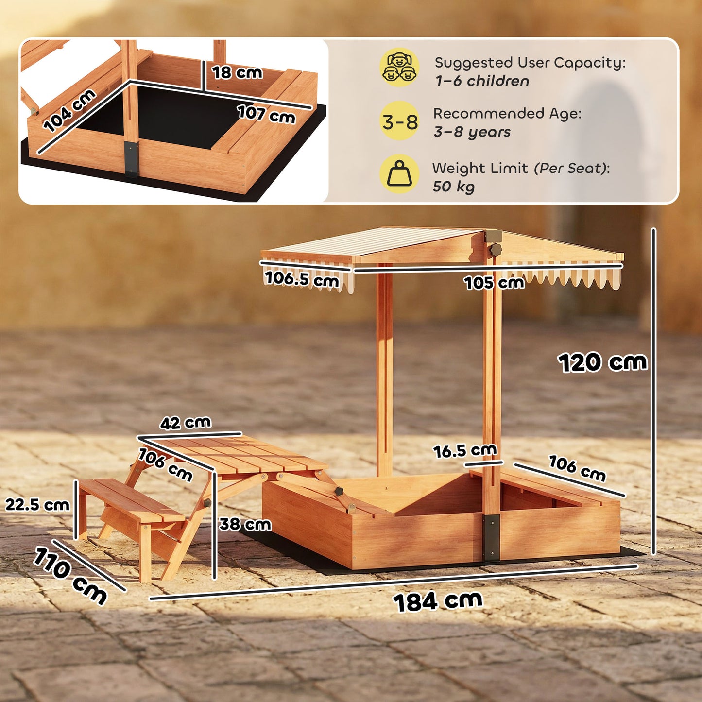 AIYAPLAY Kids Sand Pit with Lid, Wooden Sandpit with Canopy, Foldable Picnic Table, Bench Seats, Bottom Liner for Patio Garden