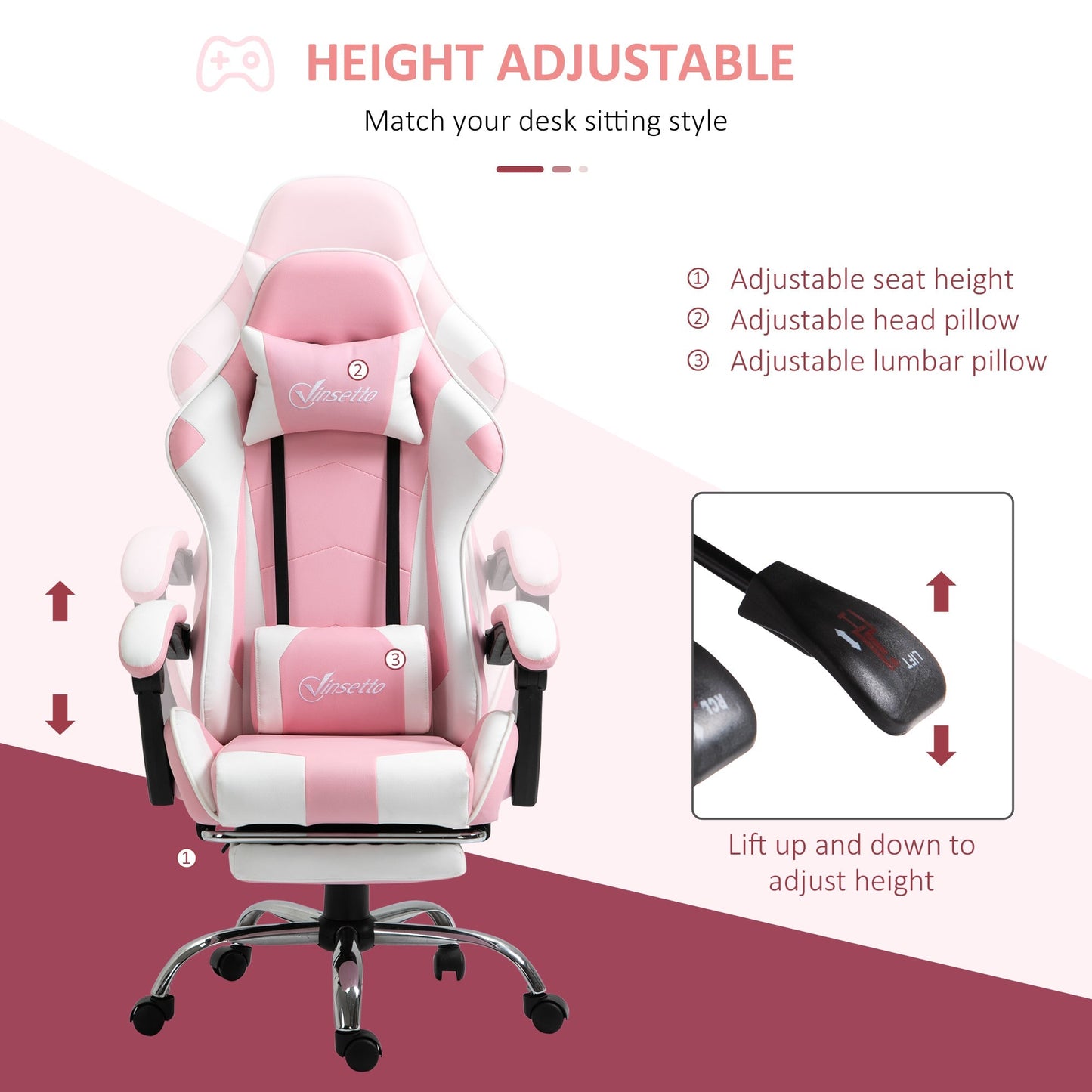 Vinsetto Racing Gaming Chair with Lumbar Support, Head Pillow, Swivel Wheels, High Back Recliner Gamer Desk Chair for Home Office, Pink