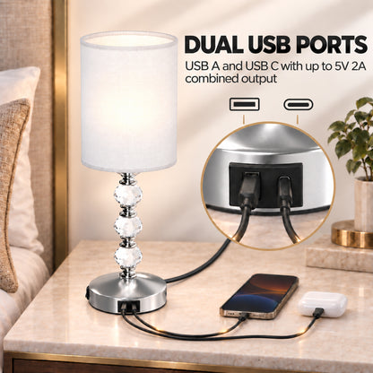 HOMCOM Bedside Lamp, Modern Crystal Decoration Table Lamp w/ PVC shade, USB A+C Charging Ports, Bulb Not Included, Silver Tone