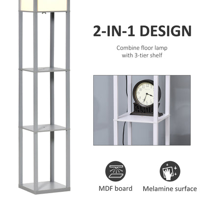HOMCOM 3-Tier Floor Lamp, Floor Light with Storage Shelf, Reading Standing Lamp with Acrylic Shade for Living Room, Bedroom, Kitchen, Dining Room, Office, Dorm, 160cm, Grey