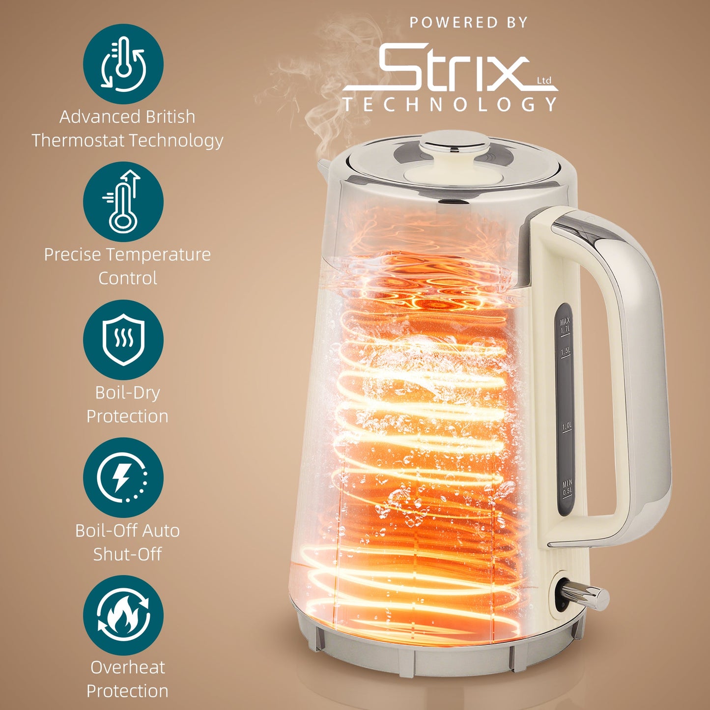 HOMCOM Electric Stainless Steel Kettle and Toaster Set, 3000W 1.7L UK Strix Thermostat Fast Boil Kettle w/ Limescale Filter, Cool Touch Body, 4 Slice Toaster with 7 Browning Levels, Crumb Tray, Cream
