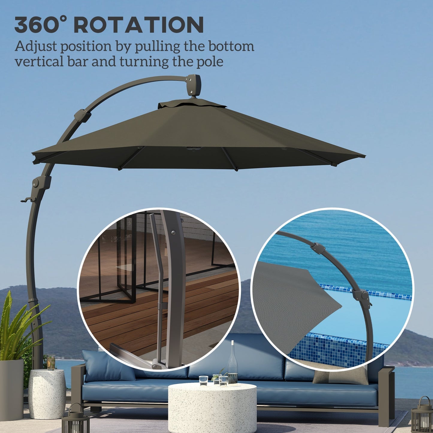 Outsunny 3(m) Garden Cantilever Parasol, Round Overhanging Umbrella with Crank Handle, Cross Base, Aluminium Frame and 360 Rotation, Banana Patio Umbrella for Outdoor Sun Shade, Grey