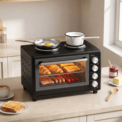 HOMCOM 36L Mini Oven with Dual Hot Plates, Electric Countertop Cooker with Convection, 90-230°C Adjustable Temperature
