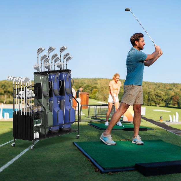 3 Golf Bag Stand for Clubs with Lockable Wheels and Removable Hooks-Black