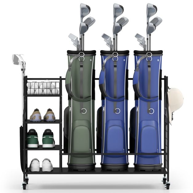 3 Golf Bag Stand for Clubs with Lockable Wheels and Removable Hooks-Black