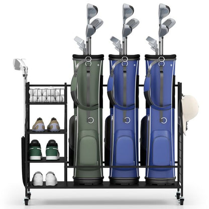 3 Golf Bag Stand for Clubs with Lockable Wheels and Removable Hooks-Black