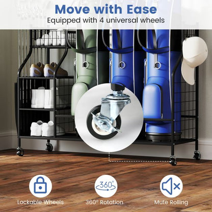 3 Golf Bag Stand for Clubs with Lockable Wheels and Removable Hooks-Black