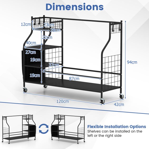 3 Golf Bag Stand for Clubs with Lockable Wheels and Removable Hooks-Black